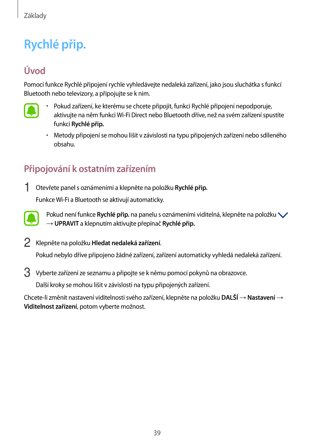 Samsung SM-G920FZWEETL manual Rychlé přip, Připojování k ostatním zařízením, Klepněte na položku Hledat nedaleká zařízení 