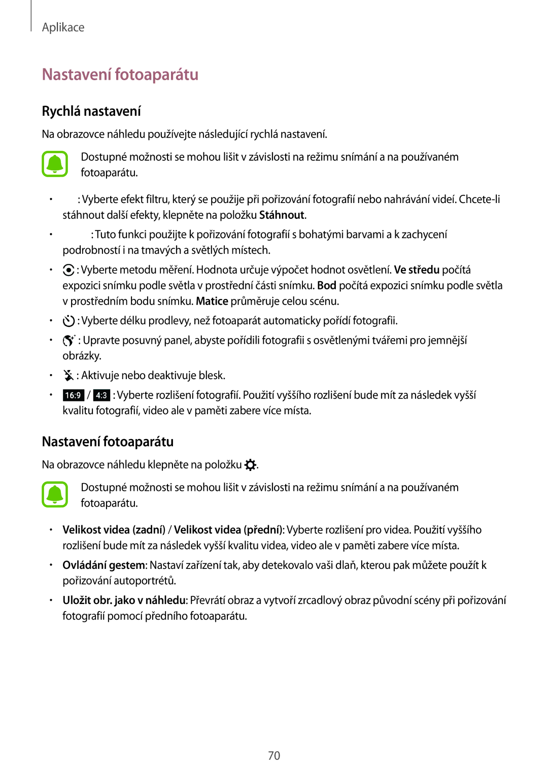 Samsung SM-G920FZKEETL, SM-G920FZBEETL, SM-G920FZDEETL, SM-G920FZWEETL manual Nastavení fotoaparátu, Rychlá nastavení 