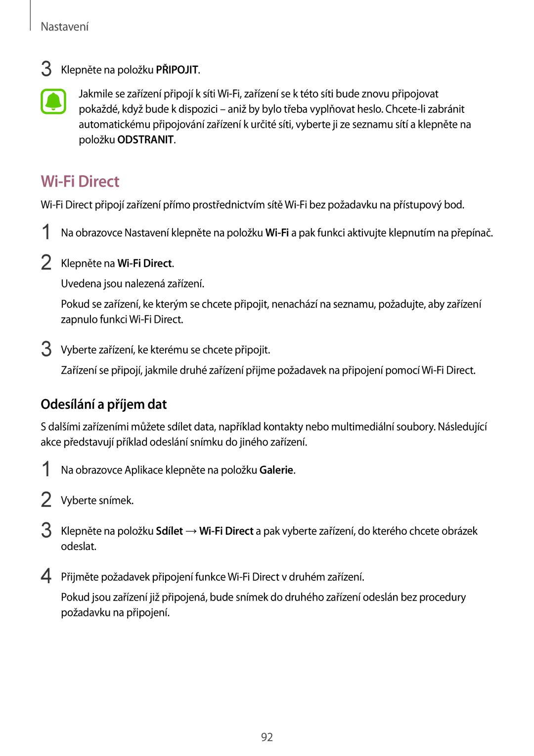 Samsung SM-G920FZBEETL, SM-G920FZDEETL, SM-G920FZKEETL, SM-G920FZWEETL manual Wi-Fi Direct, Odesílání a příjem dat 
