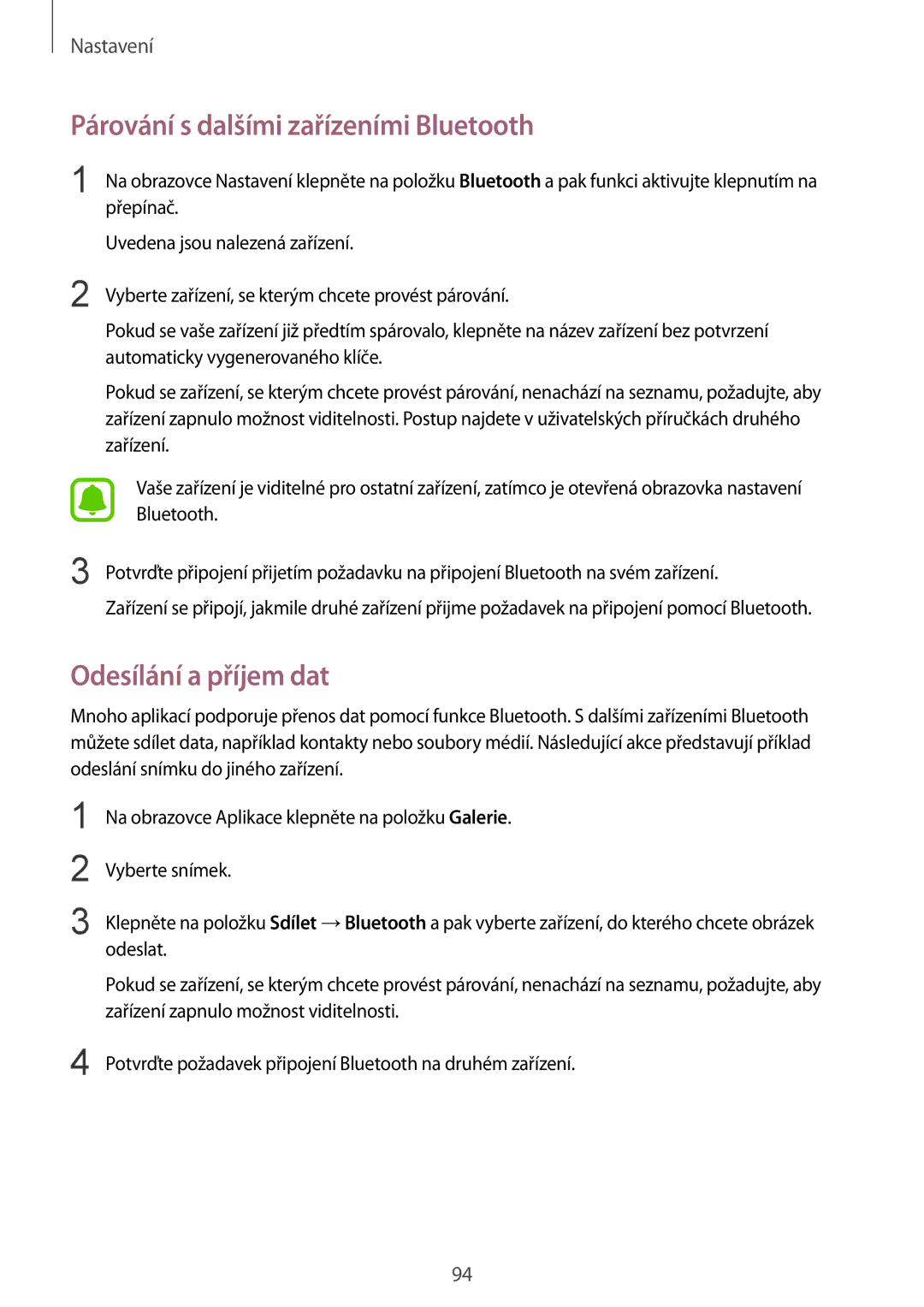 Samsung SM-G920FZKEETL, SM-G920FZBEETL, SM-G920FZDEETL manual Párování s dalšími zařízeními Bluetooth, Odesílání a příjem dat 