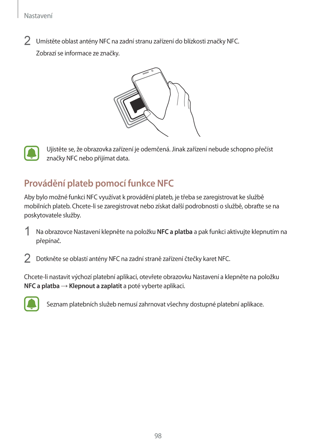 Samsung SM-G920FZKEETL, SM-G920FZBEETL, SM-G920FZDEETL, SM-G920FZWEETL manual Provádění plateb pomocí funkce NFC 