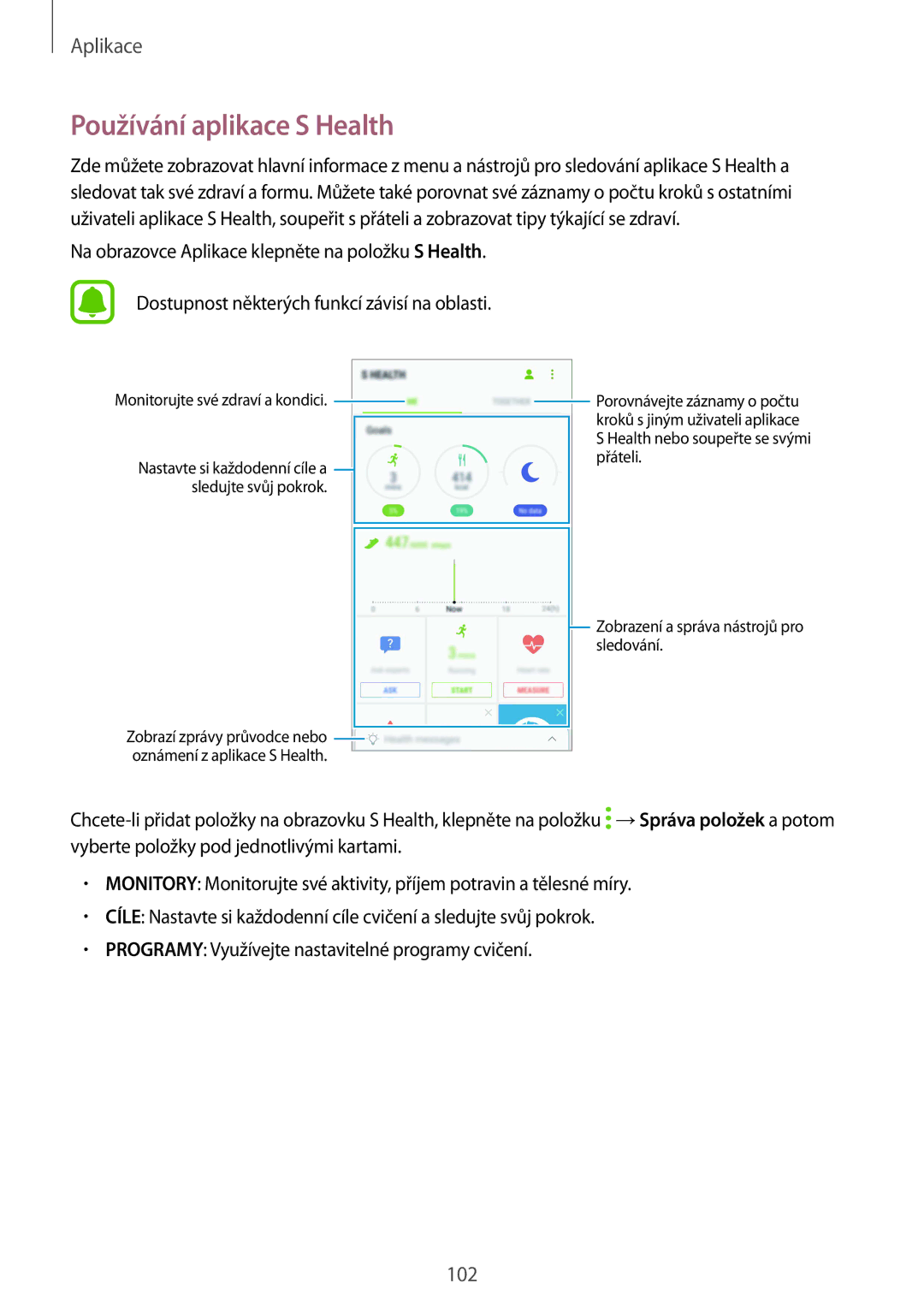 Samsung SM-G920FZKEETL, SM-G920FZBEETL, SM-G920FZDEETL, SM-G920FZWEETL manual Používání aplikace S Health 