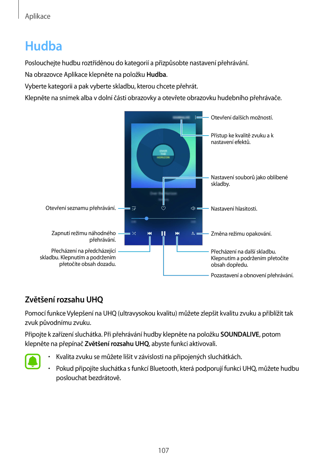 Samsung SM-G920FZWEETL, SM-G920FZBEETL, SM-G920FZDEETL, SM-G920FZKEETL manual Hudba, Zvětšení rozsahu UHQ 