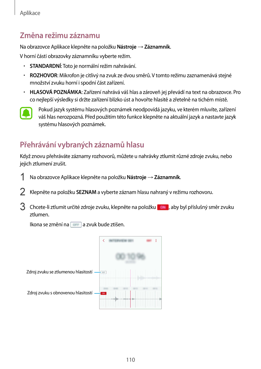 Samsung SM-G920FZKEETL, SM-G920FZBEETL, SM-G920FZDEETL manual Změna režimu záznamu, Přehrávání vybraných záznamů hlasu 