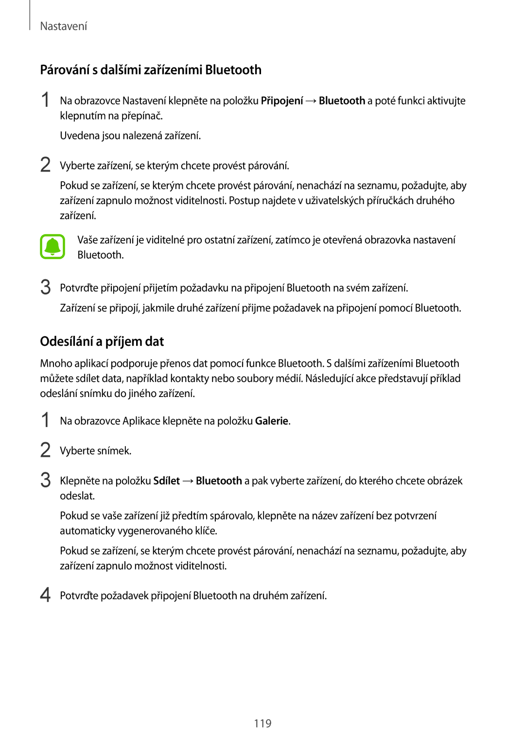 Samsung SM-G920FZWEETL, SM-G920FZBEETL, SM-G920FZDEETL manual Párování s dalšími zařízeními Bluetooth, Odesílání a příjem dat 