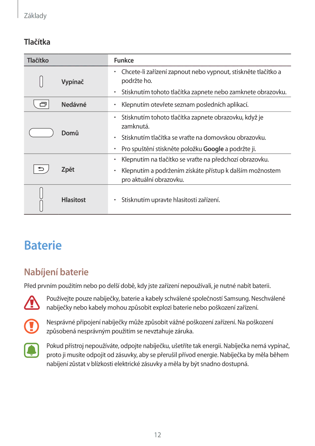 Samsung SM-G920FZBEETL, SM-G920FZDEETL, SM-G920FZKEETL, SM-G920FZWEETL manual Baterie, Nabíjení baterie, Tlačítka 