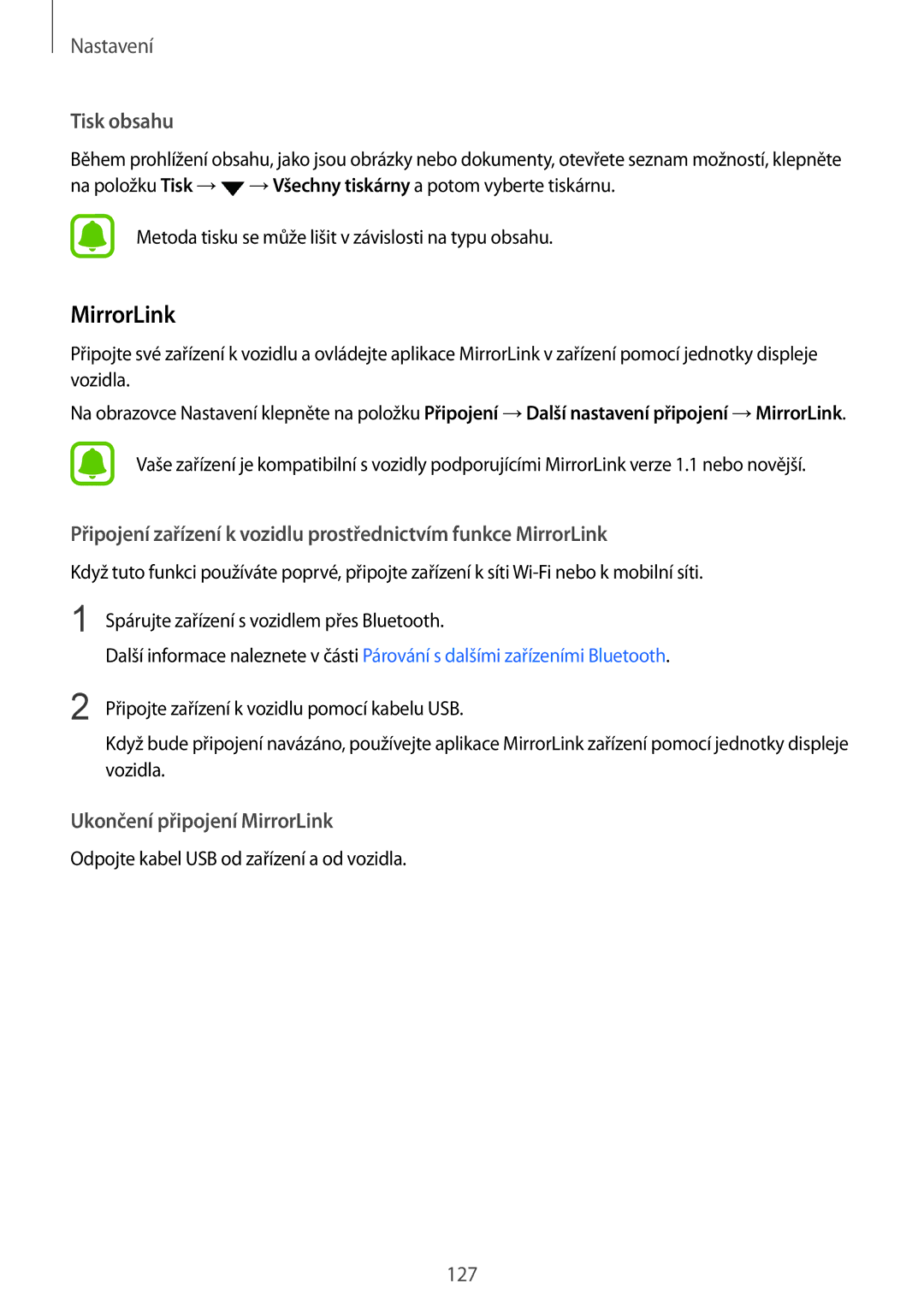 Samsung SM-G920FZWEETL, SM-G920FZBEETL, SM-G920FZDEETL, SM-G920FZKEETL manual Tisk obsahu, Ukončení připojení MirrorLink 