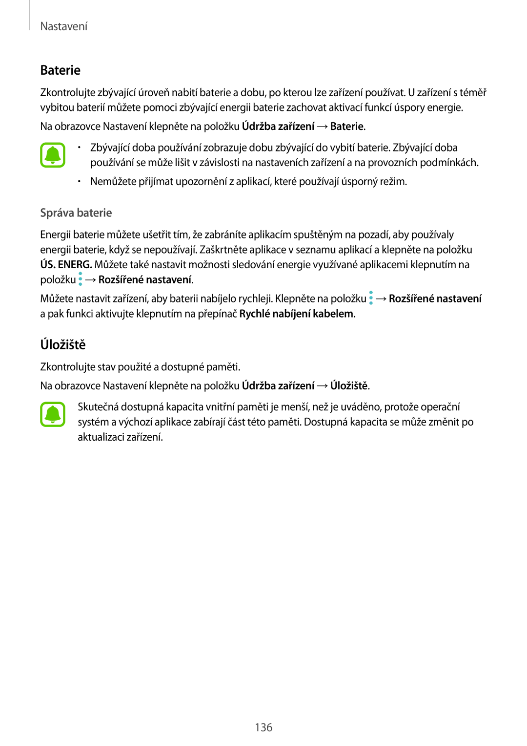 Samsung SM-G920FZBEETL, SM-G920FZDEETL, SM-G920FZKEETL, SM-G920FZWEETL manual Baterie, Úložiště, Správa baterie 