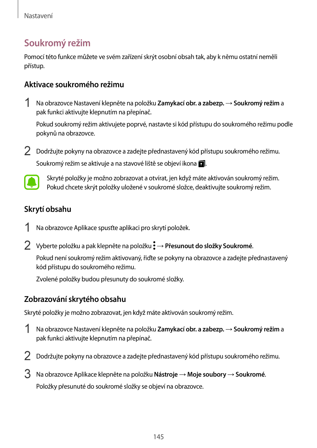 Samsung SM-G920FZDEETL manual Soukromý režim, Aktivace soukromého režimu, Skrytí obsahu, Zobrazování skrytého obsahu 