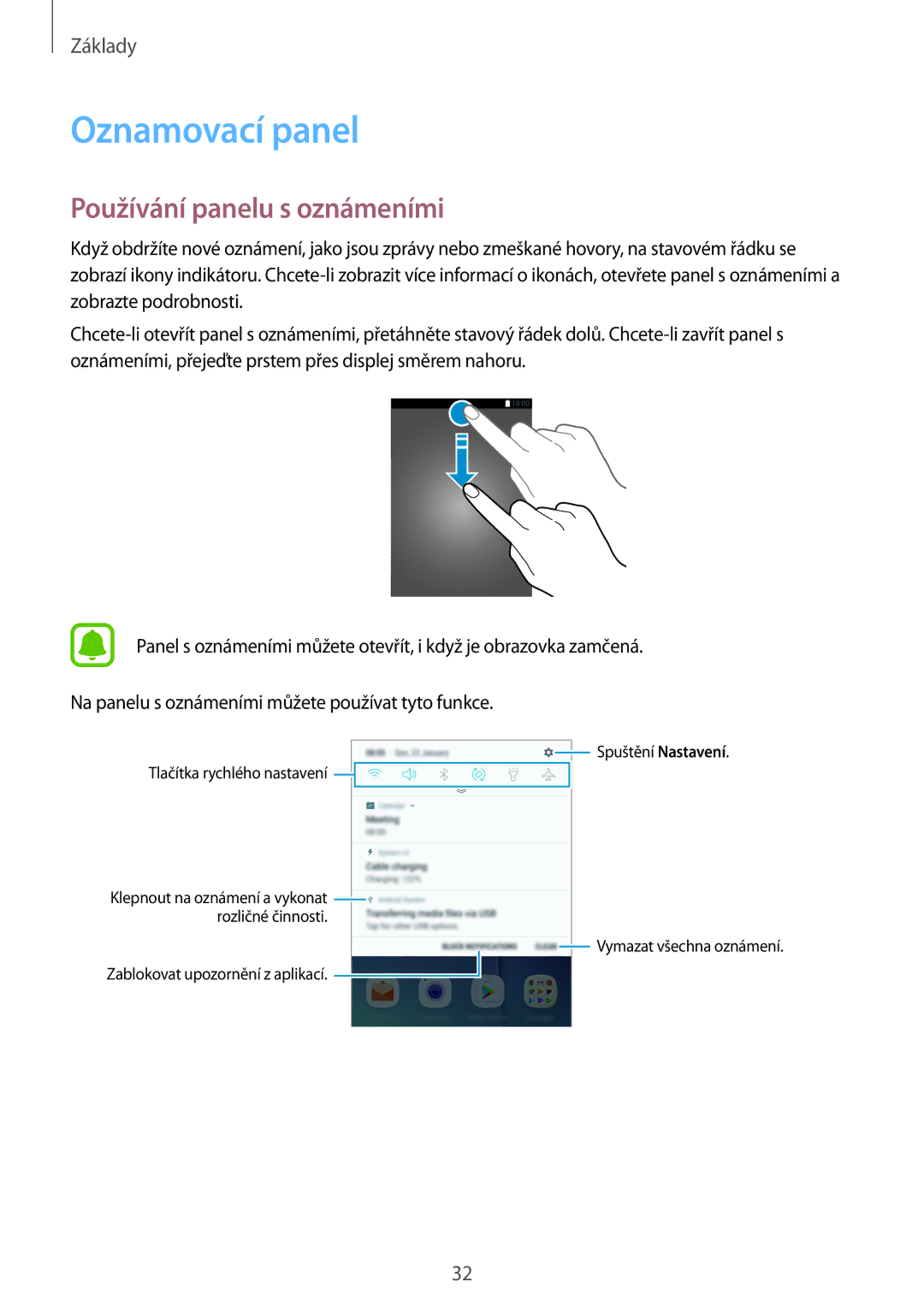 Samsung SM-G920FZBEETL, SM-G920FZDEETL, SM-G920FZKEETL, SM-G920FZWEETL manual Oznamovací panel, Používání panelu s oznámeními 