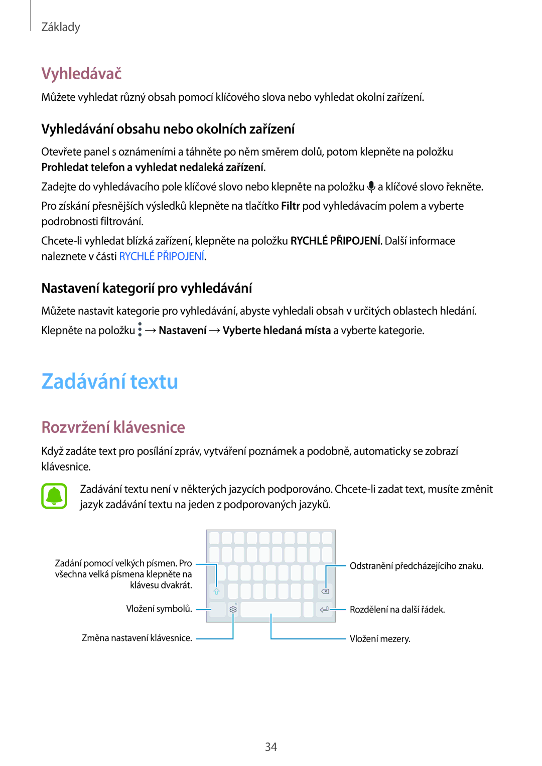 Samsung SM-G920FZKEETL manual Zadávání textu, Vyhledávač, Rozvržení klávesnice, Vyhledávání obsahu nebo okolních zařízení 