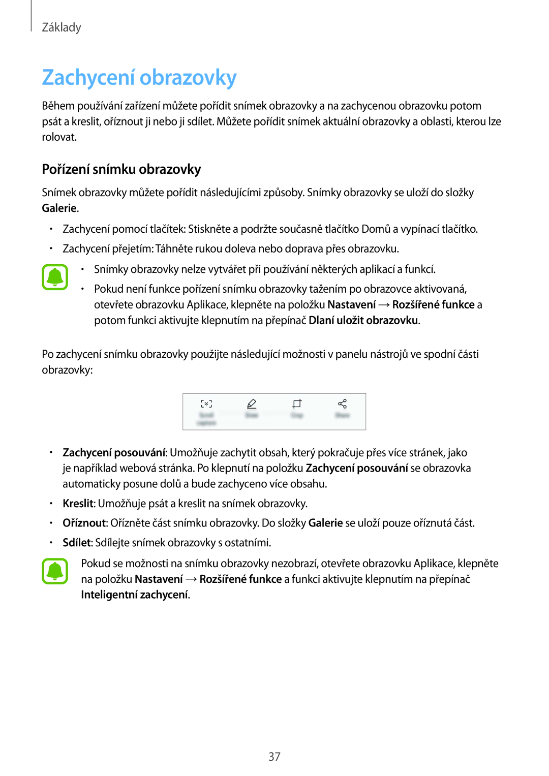 Samsung SM-G920FZDEETL, SM-G920FZBEETL, SM-G920FZKEETL, SM-G920FZWEETL manual Zachycení obrazovky, Pořízení snímku obrazovky 