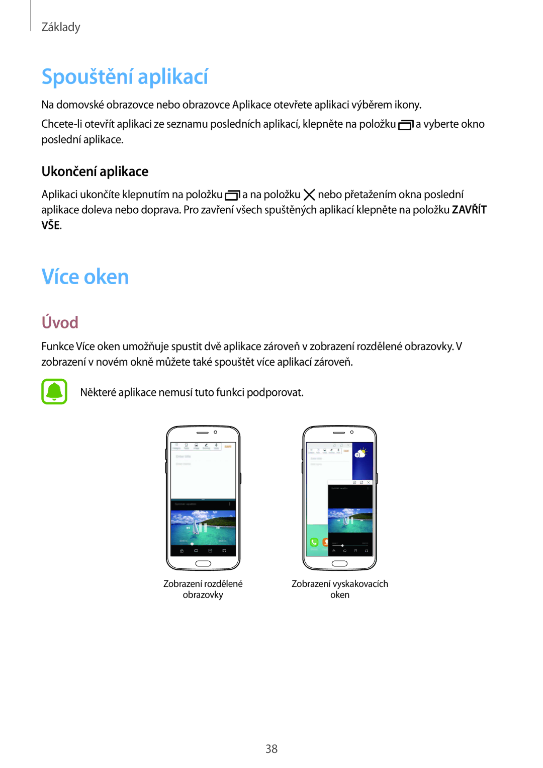 Samsung SM-G920FZKEETL, SM-G920FZBEETL, SM-G920FZDEETL manual Spouštění aplikací, Více oken, Úvod, Ukončení aplikace 