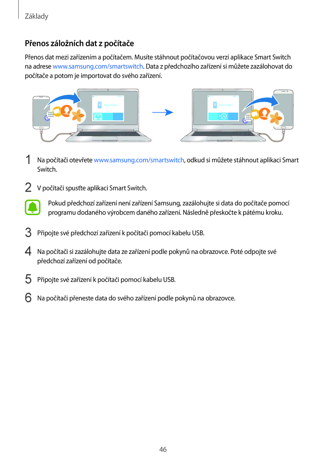 Samsung SM-G920FZKEETL, SM-G920FZBEETL manual Přenos záložních dat z počítače, Počítači spusťte aplikaci Smart Switch 