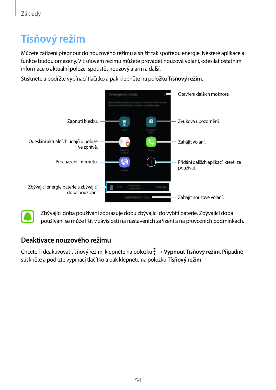 Samsung SM-G920FZKEETL, SM-G920FZBEETL, SM-G920FZDEETL, SM-G920FZWEETL manual Tísňový režim, Deaktivace nouzového režimu 