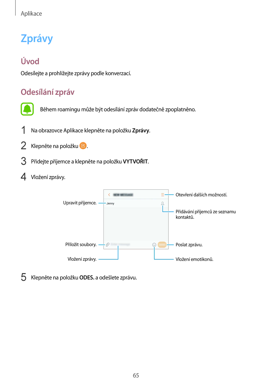 Samsung SM-G920FZDEETL, SM-G920FZBEETL, SM-G920FZKEETL, SM-G920FZWEETL manual Zprávy, Odesílání zpráv 