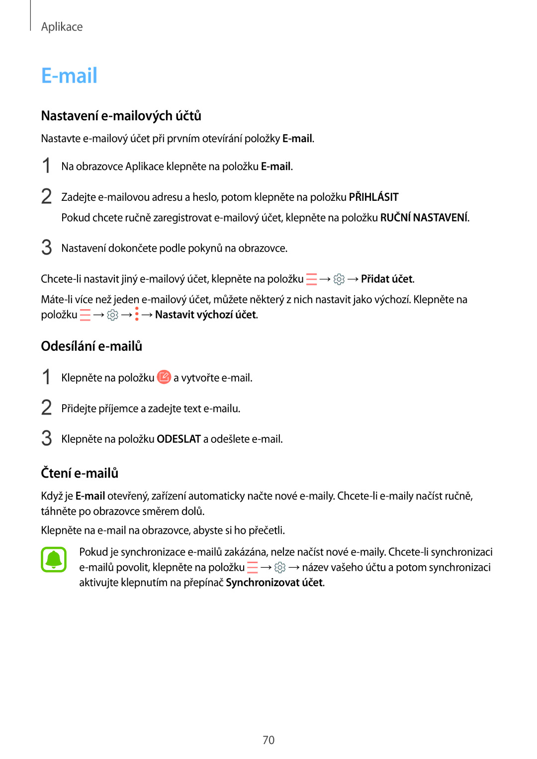 Samsung SM-G920FZKEETL, SM-G920FZBEETL, SM-G920FZDEETL Mail, Nastavení e-mailových účtů, Odesílání e-mailů, Čtení e-mailů 