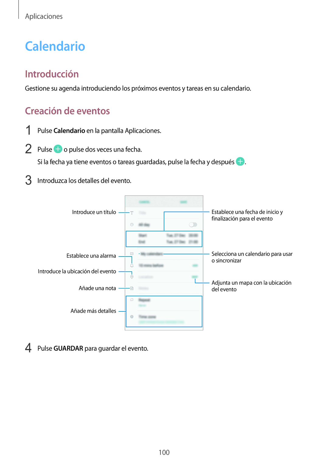 Samsung SM-G920FZKAPHE manual Calendario, Creación de eventos 