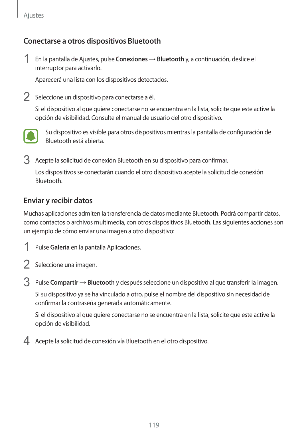 Samsung SM-G920FZKAPHE manual Conectarse a otros dispositivos Bluetooth, Enviar y recibir datos 