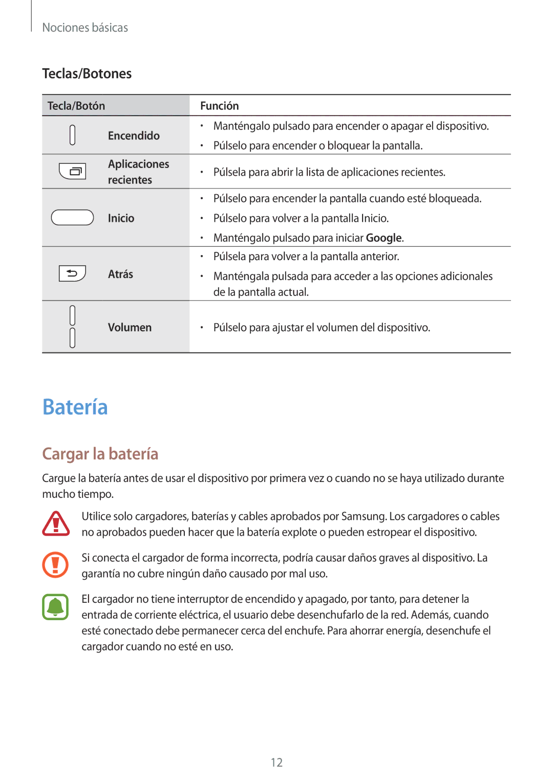 Samsung SM-G920FZKAPHE manual Batería, Cargar la batería, Teclas/Botones 