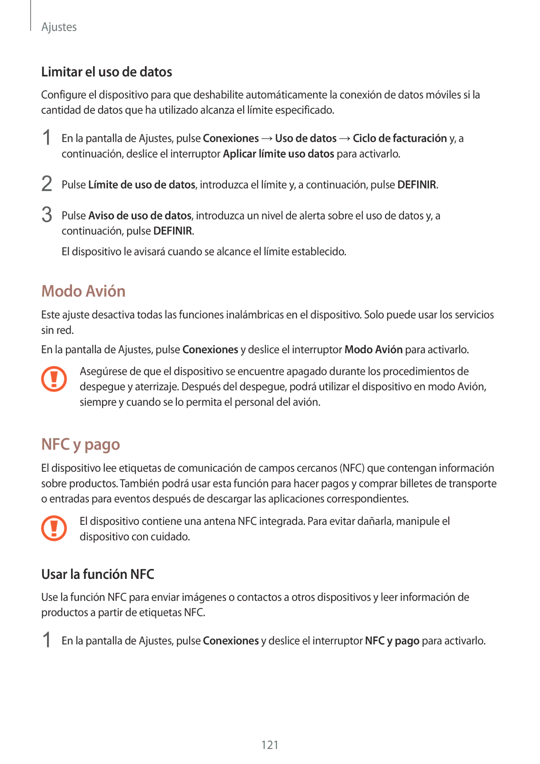 Samsung SM-G920FZKAPHE manual Modo Avión, NFC y pago, Limitar el uso de datos, Usar la función NFC 