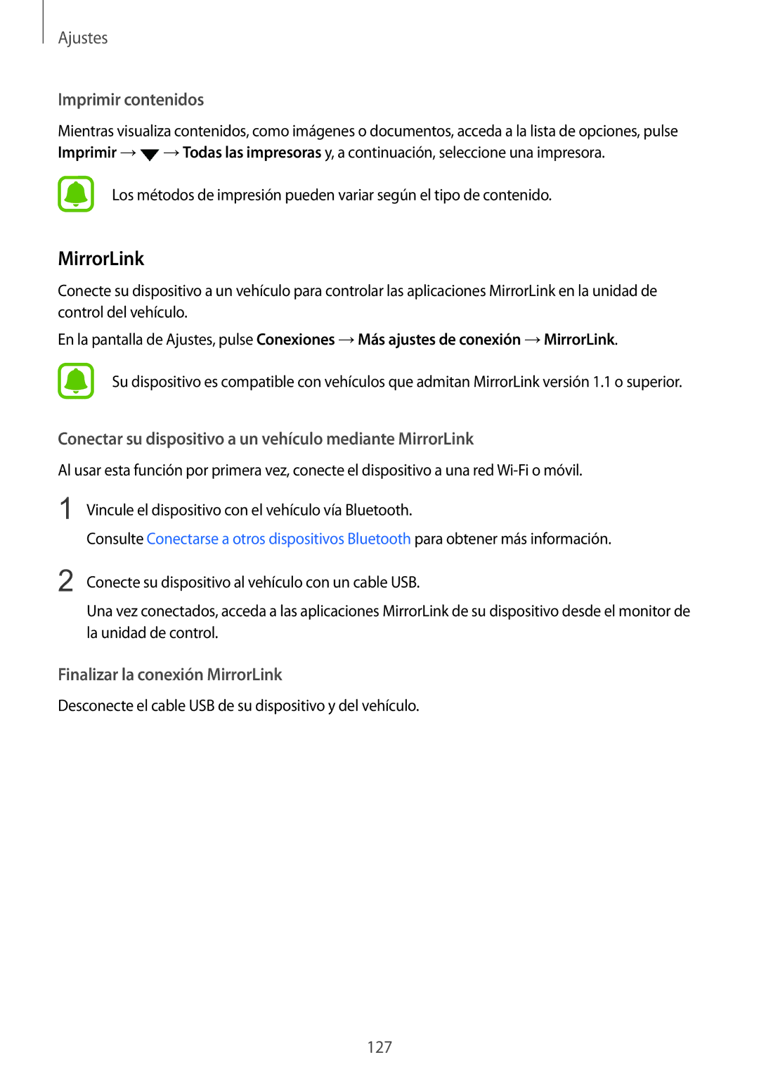 Samsung SM-G920FZKAPHE manual Imprimir contenidos, Conectar su dispositivo a un vehículo mediante MirrorLink 