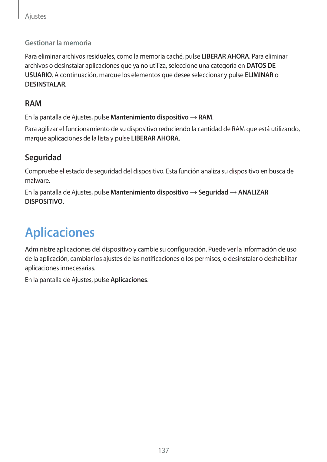 Samsung SM-G920FZKAPHE manual Aplicaciones, Seguridad, Gestionar la memoria 