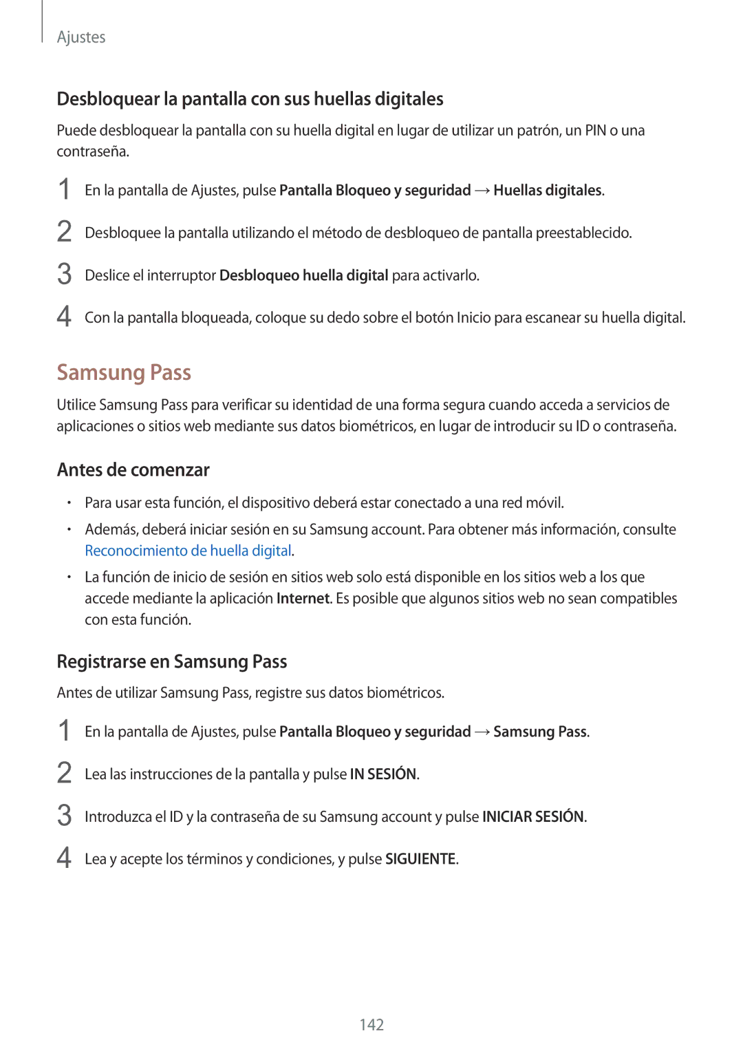 Samsung SM-G920FZKAPHE manual Desbloquear la pantalla con sus huellas digitales, Registrarse en Samsung Pass 