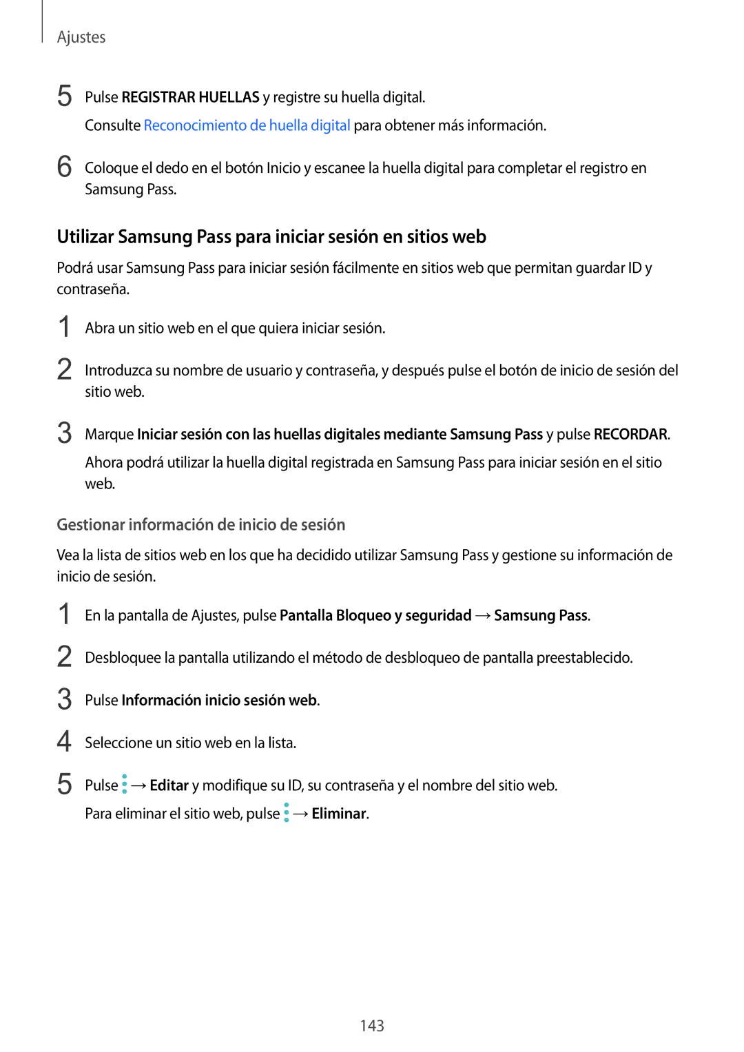 Samsung SM-G920FZKAPHE Utilizar Samsung Pass para iniciar sesión en sitios web, Gestionar información de inicio de sesión 