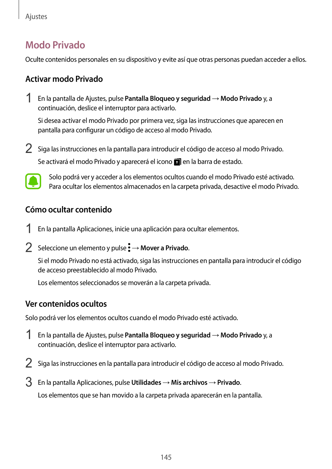 Samsung SM-G920FZKAPHE manual Modo Privado, Activar modo Privado, Cómo ocultar contenido, Ver contenidos ocultos 