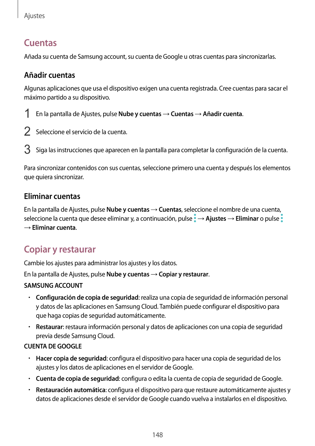 Samsung SM-G920FZKAPHE manual Cuentas, Copiar y restaurar, Añadir cuentas, Eliminar cuentas, → Eliminar cuenta 