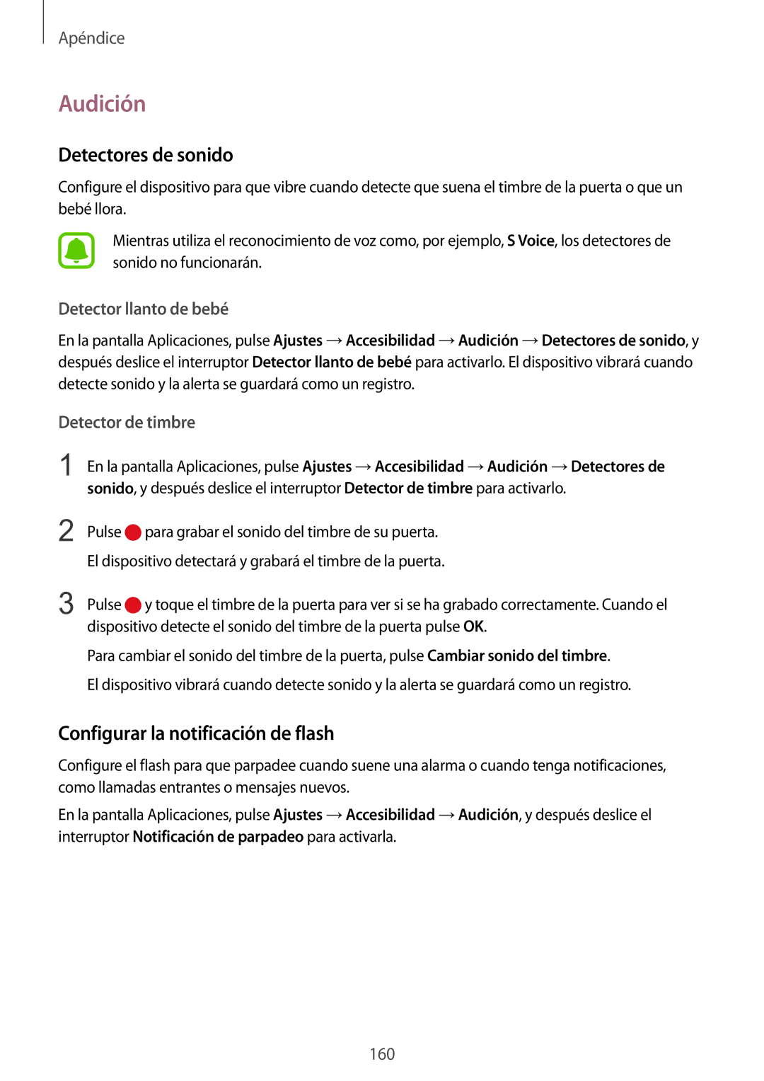 Samsung SM-G920FZKAPHE manual Audición, Detectores de sonido, Configurar la notificación de flash, Detector llanto de bebé 