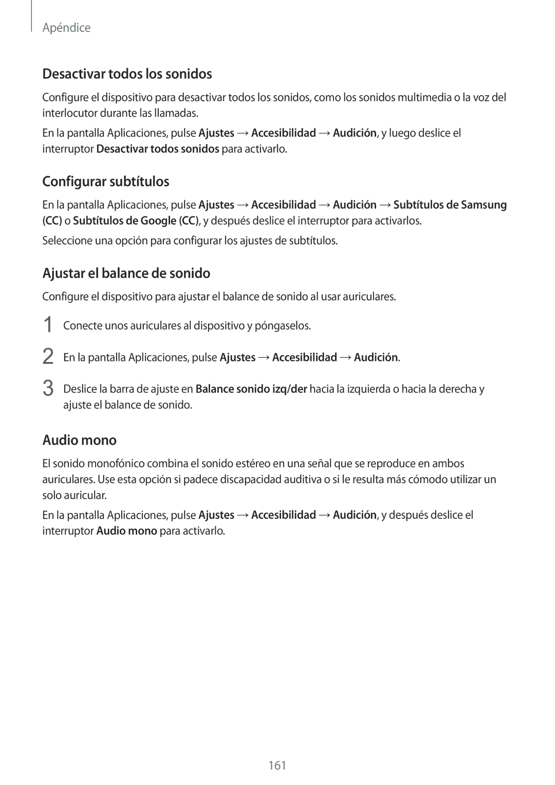 Samsung SM-G920FZKAPHE manual Desactivar todos los sonidos, Configurar subtítulos, Ajustar el balance de sonido, Audio mono 