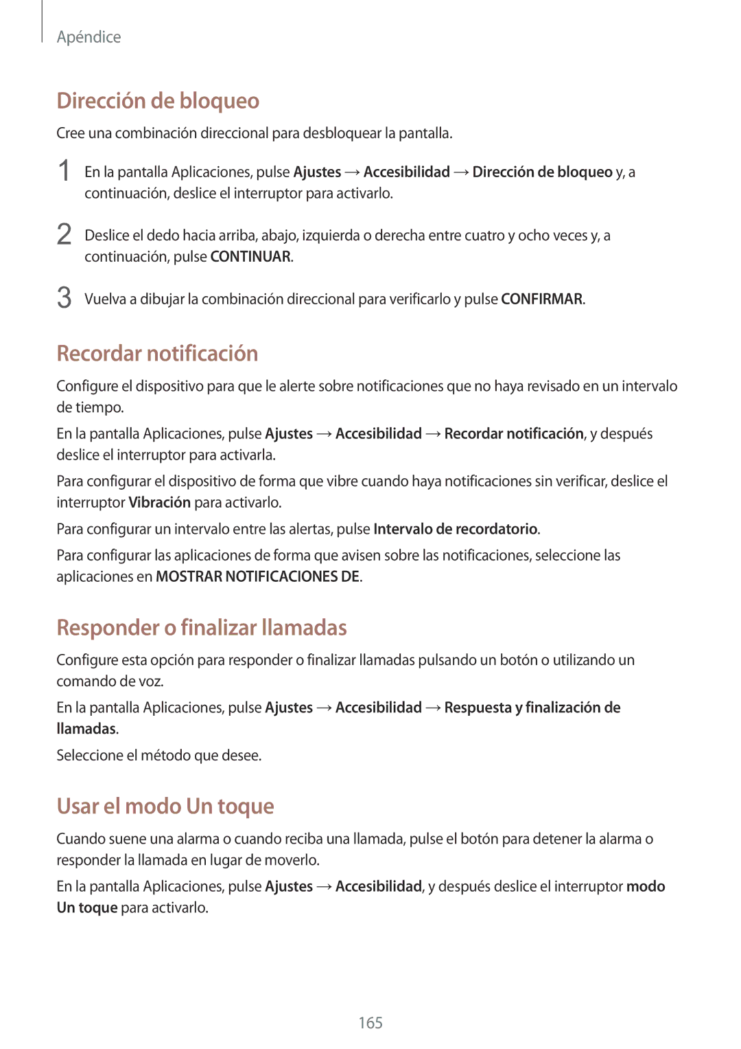 Samsung SM-G920FZKAPHE Dirección de bloqueo, Recordar notificación, Responder o finalizar llamadas, Usar el modo Un toque 