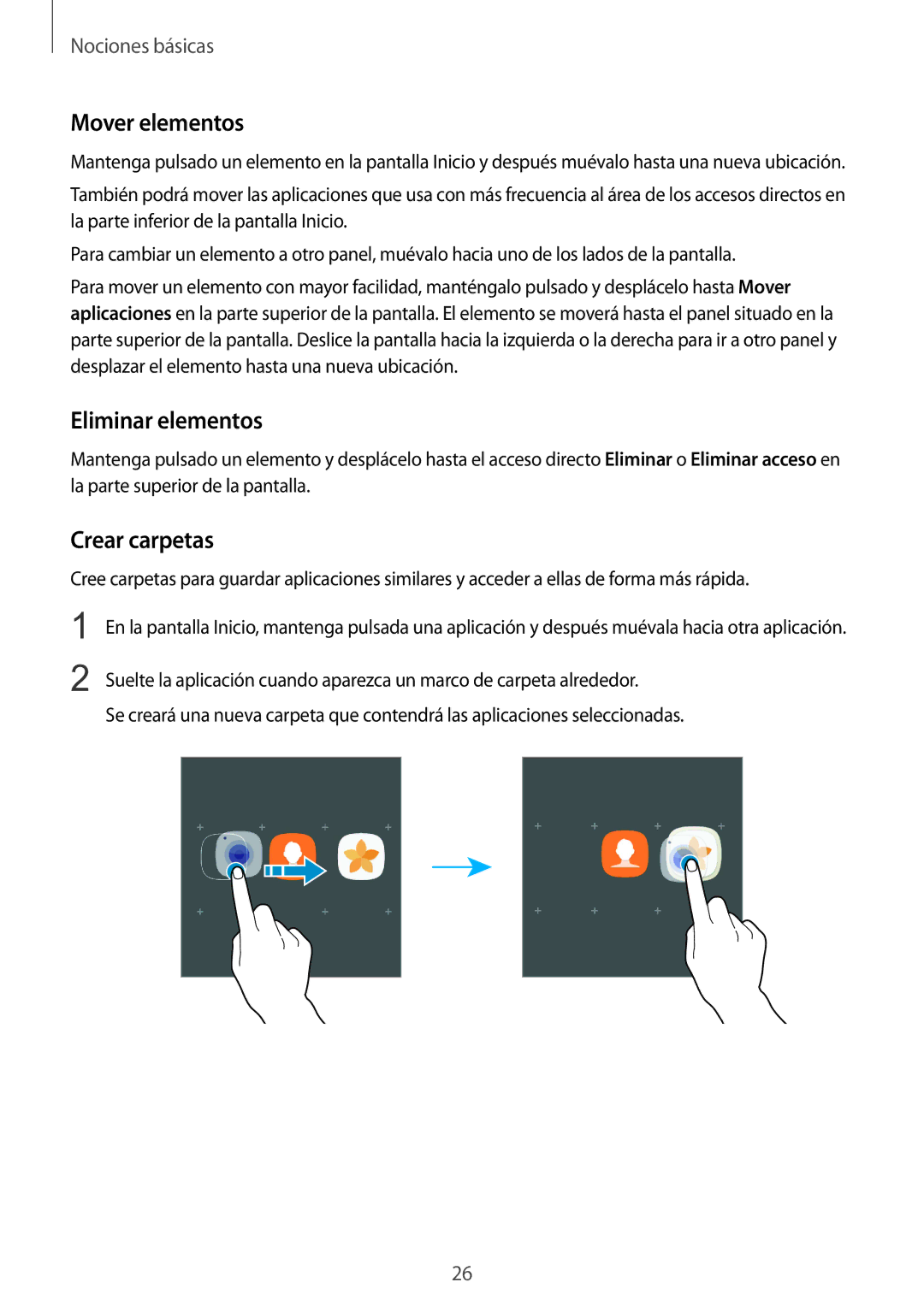 Samsung SM-G920FZKAPHE manual Mover elementos, Eliminar elementos, Crear carpetas 