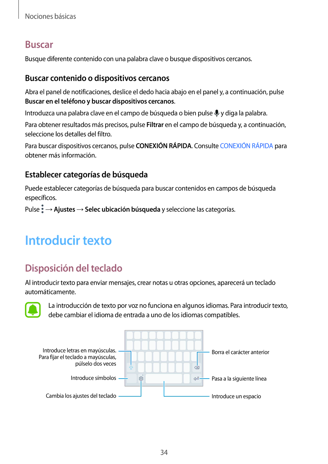 Samsung SM-G920FZKAPHE manual Introducir texto, Disposición del teclado, Buscar contenido o dispositivos cercanos 