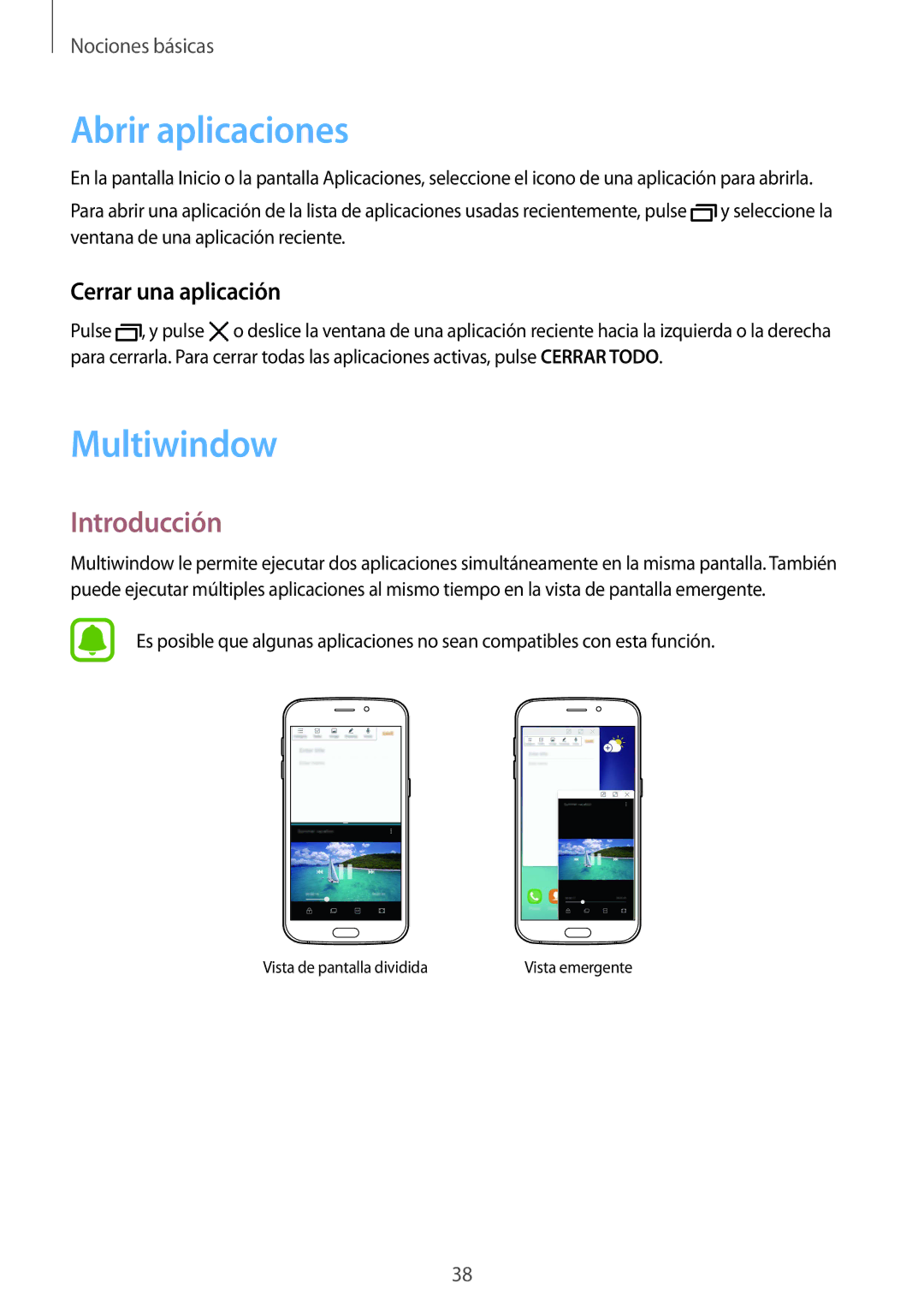 Samsung SM-G920FZKAPHE manual Abrir aplicaciones, Multiwindow, Introducción, Cerrar una aplicación 
