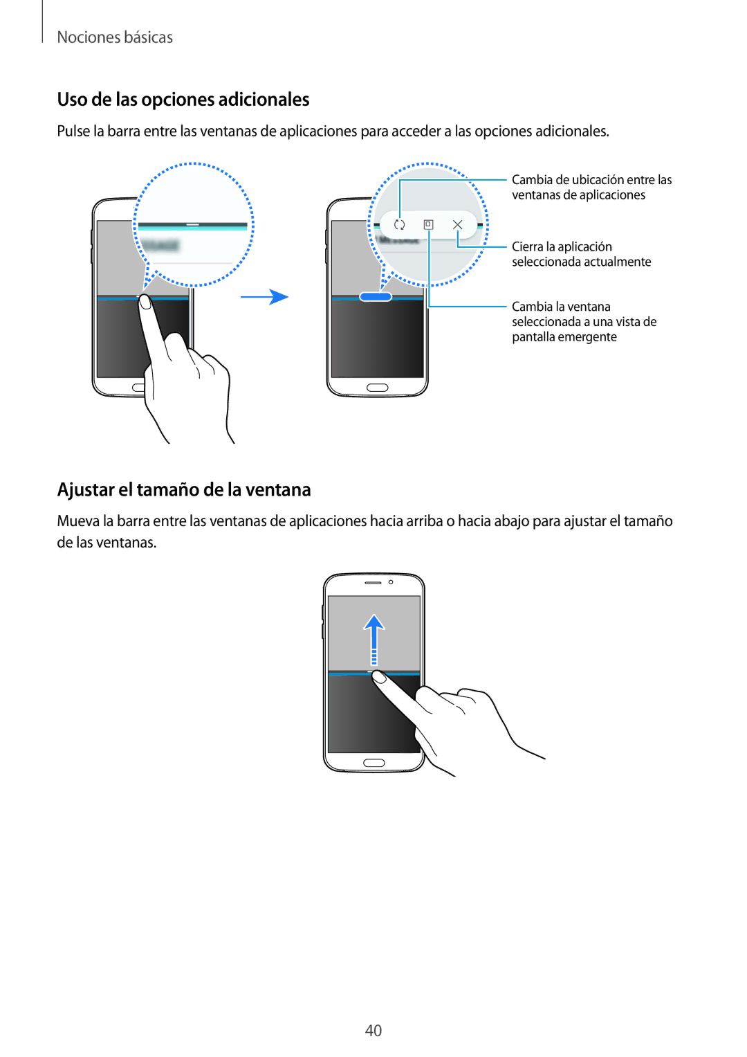 Samsung SM-G920FZKAPHE manual Uso de las opciones adicionales, Ajustar el tamaño de la ventana 