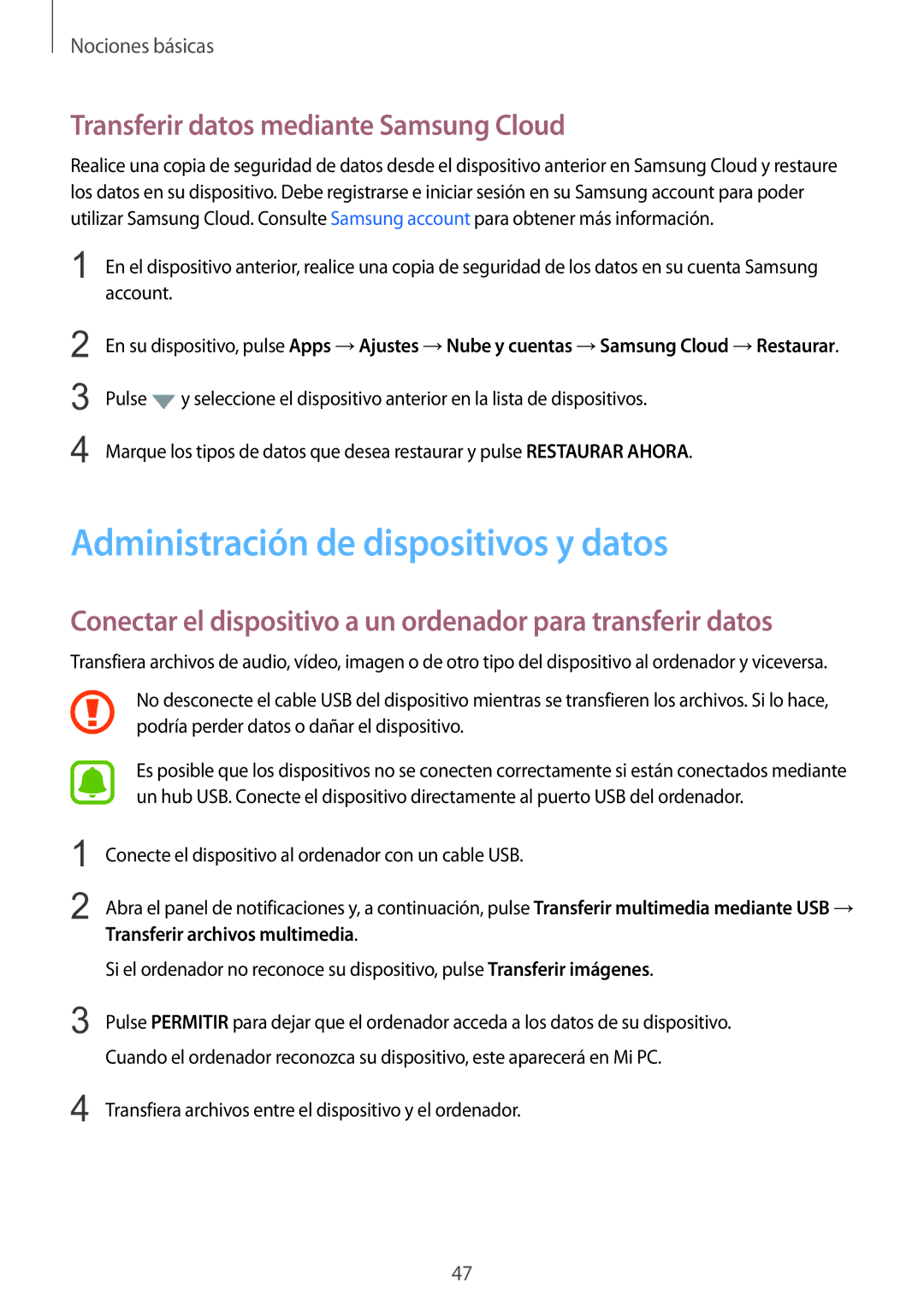 Samsung SM-G920FZKAPHE manual Administración de dispositivos y datos, Transferir datos mediante Samsung Cloud 