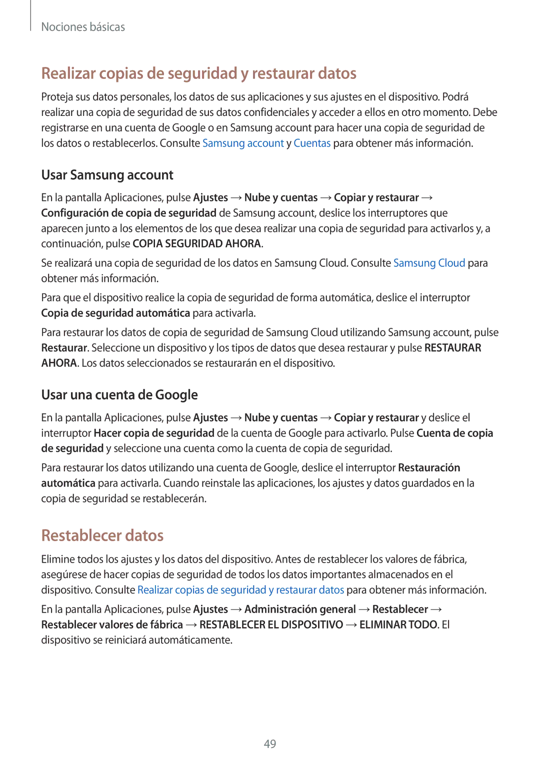 Samsung SM-G920FZKAPHE manual Realizar copias de seguridad y restaurar datos, Restablecer datos, Usar Samsung account 