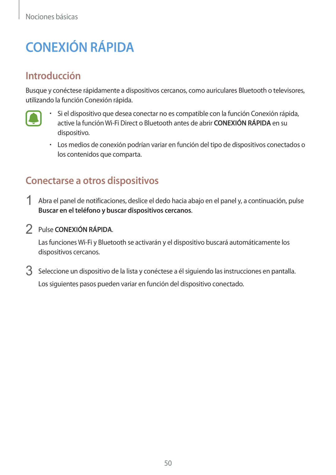 Samsung SM-G920FZKAPHE manual Conectarse a otros dispositivos, Pulse Conexión Rápida 