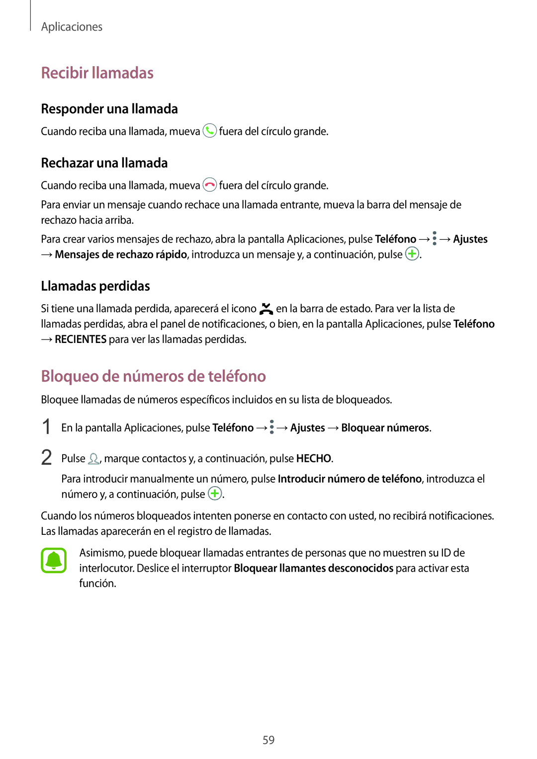 Samsung SM-G920FZKAPHE manual Recibir llamadas, Bloqueo de números de teléfono, Responder una llamada, Rechazar una llamada 