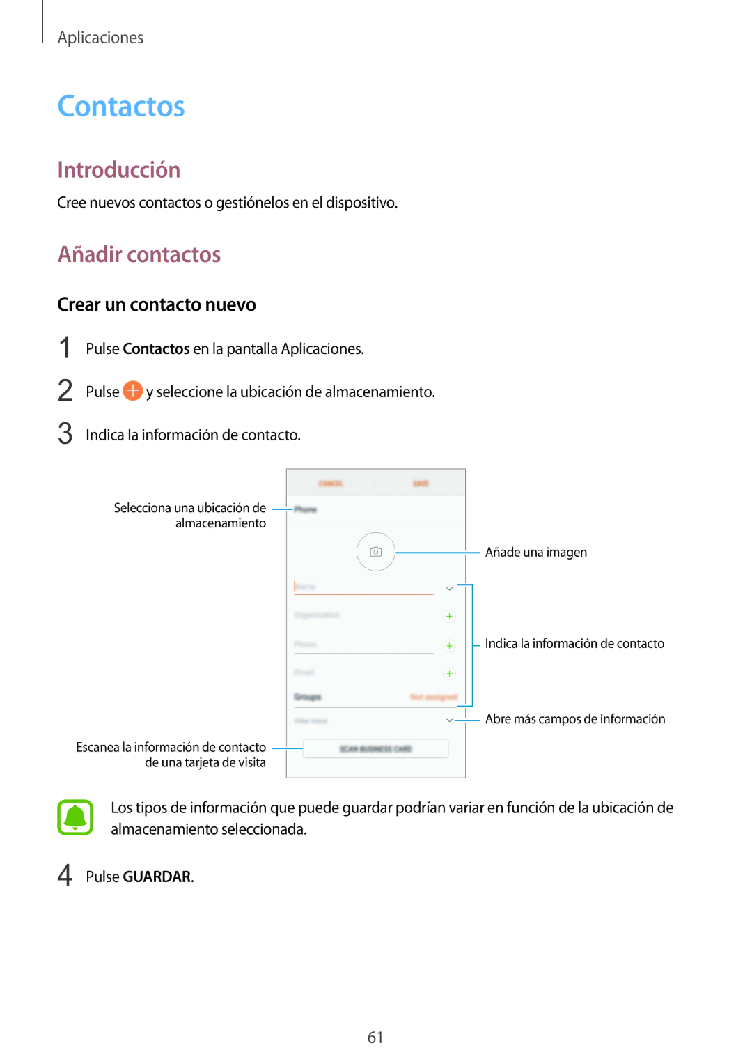 Samsung SM-G920FZKAPHE manual Contactos, Añadir contactos, Crear un contacto nuevo 