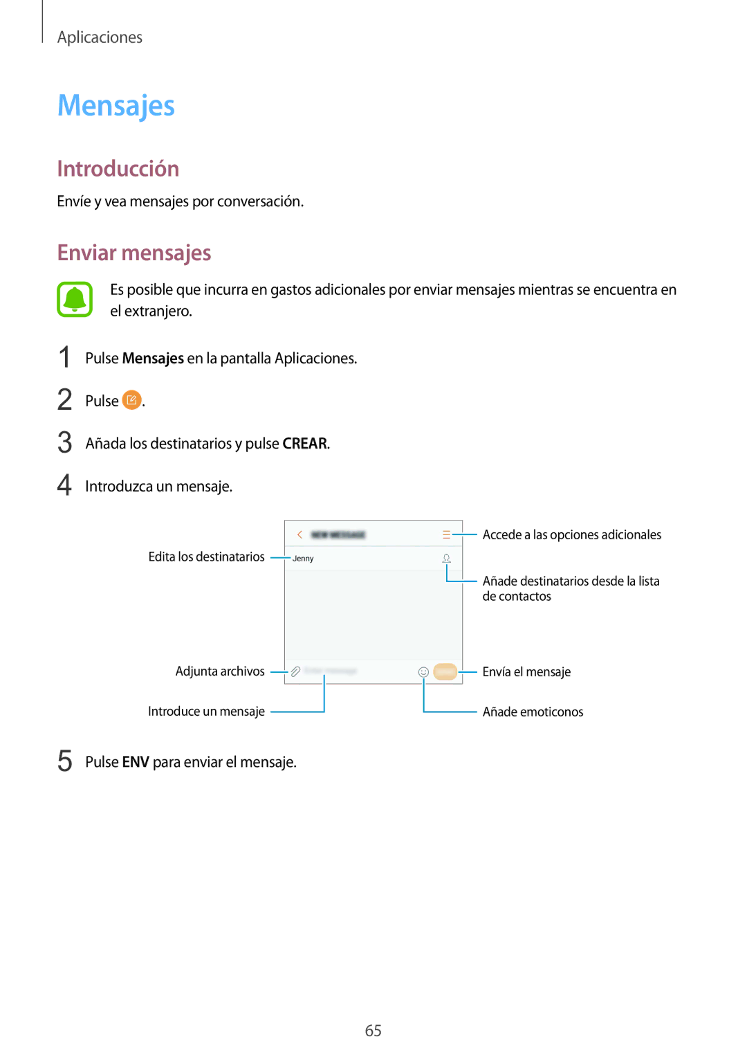 Samsung SM-G920FZKAPHE manual Mensajes, Enviar mensajes 