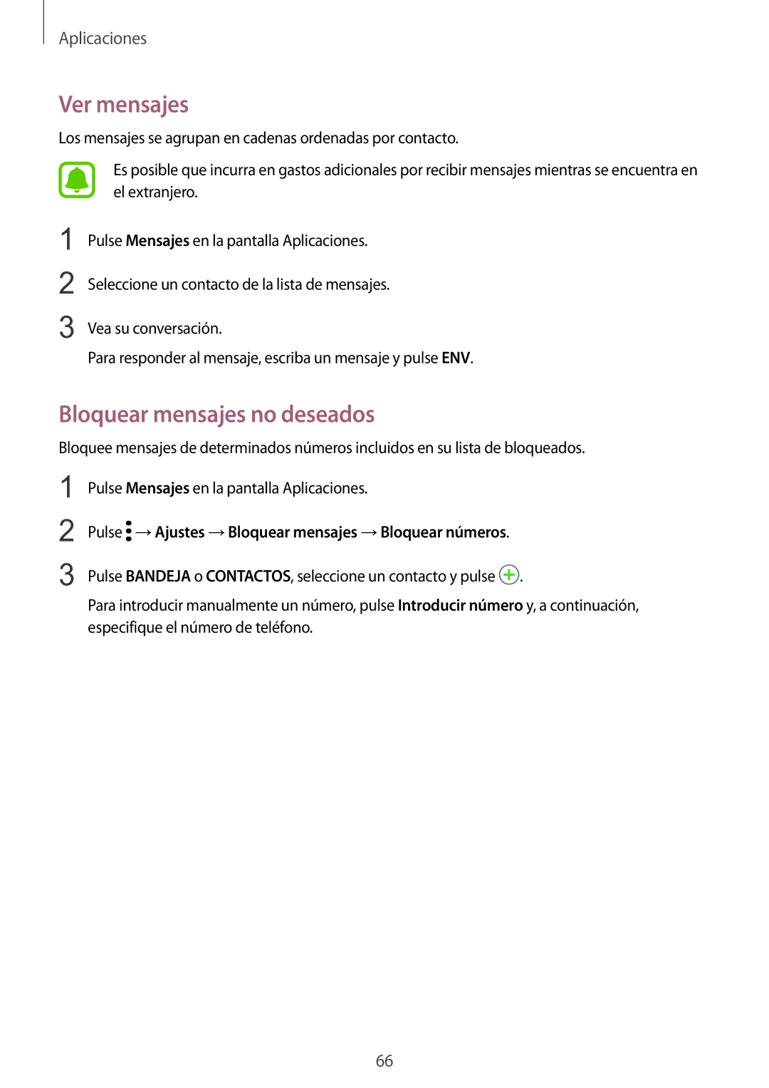 Samsung SM-G920FZKAPHE Ver mensajes, Bloquear mensajes no deseados, Pulse →Ajustes →Bloquear mensajes →Bloquear números 