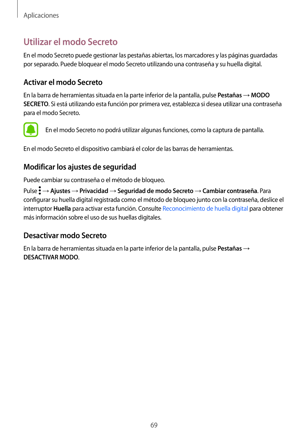Samsung SM-G920FZKAPHE manual Utilizar el modo Secreto, Activar el modo Secreto, Modificar los ajustes de seguridad 