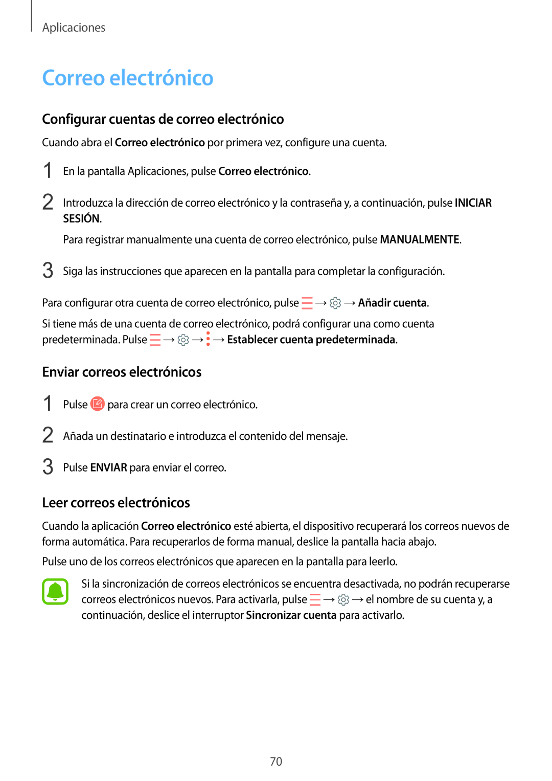 Samsung SM-G920FZKAPHE manual Correo electrónico, Configurar cuentas de correo electrónico, Enviar correos electrónicos 