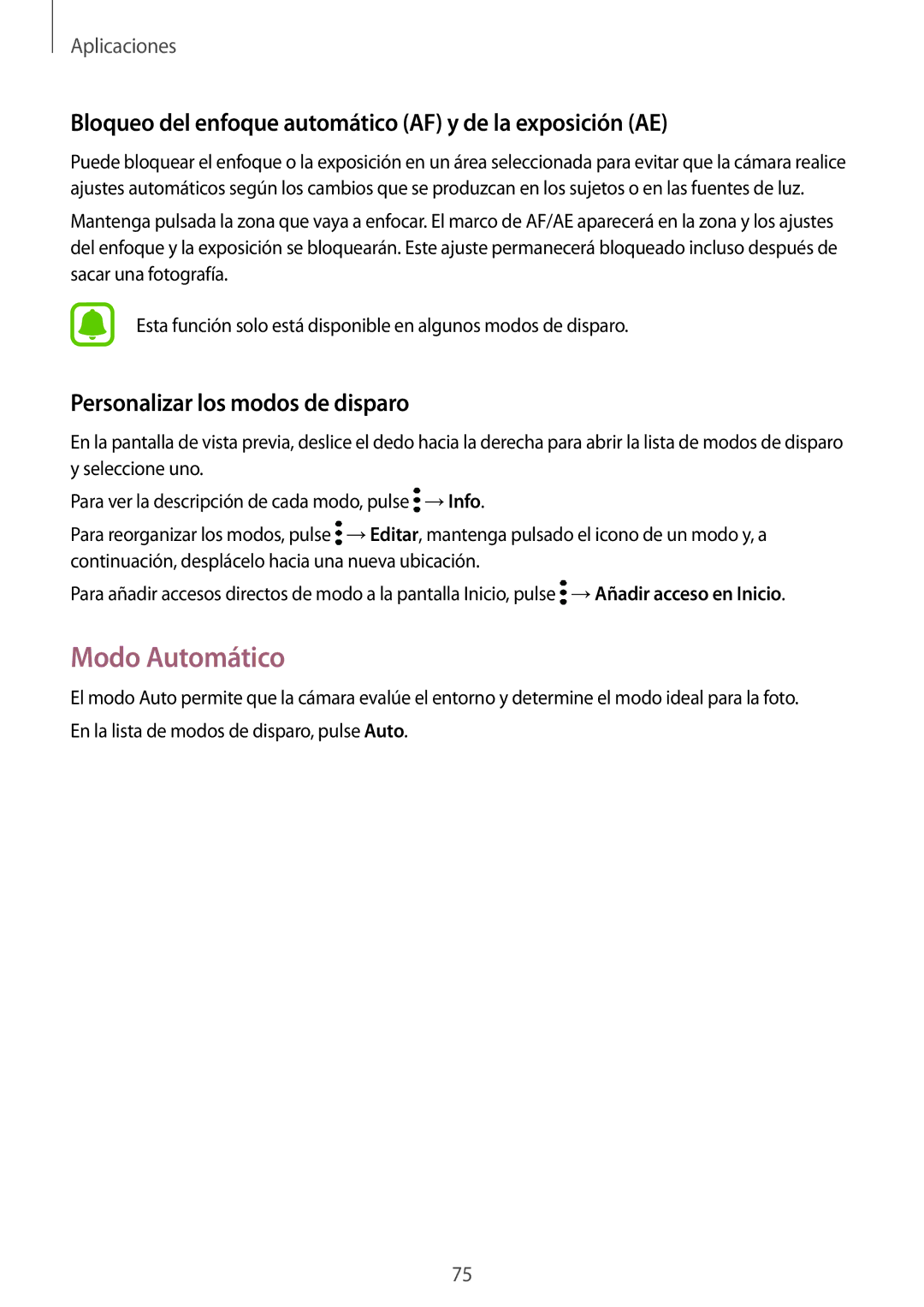 Samsung SM-G920FZKAPHE manual Modo Automático, Bloqueo del enfoque automático AF y de la exposición AE 