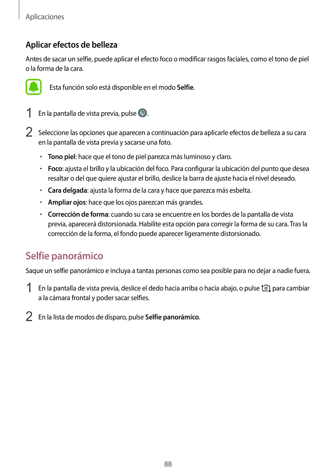 Samsung SM-G920FZKAPHE manual Selfie panorámico, Aplicar efectos de belleza 