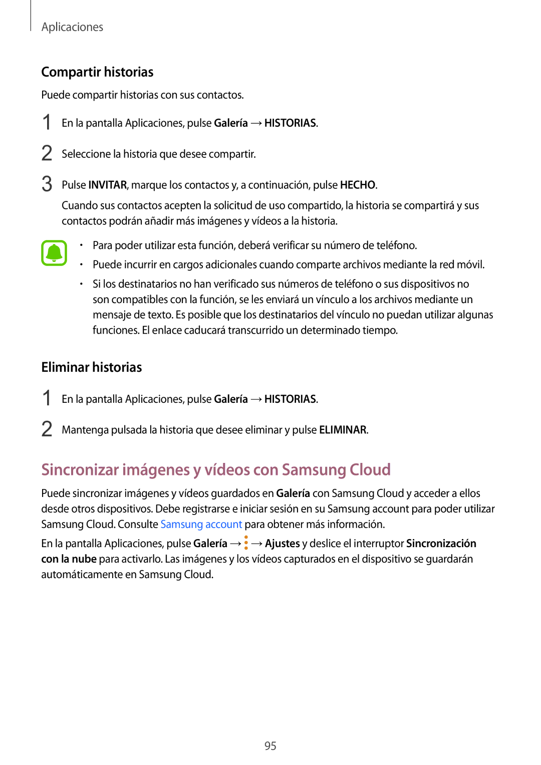 Samsung SM-G920FZKAPHE manual Sincronizar imágenes y vídeos con Samsung Cloud, Compartir historias, Eliminar historias 